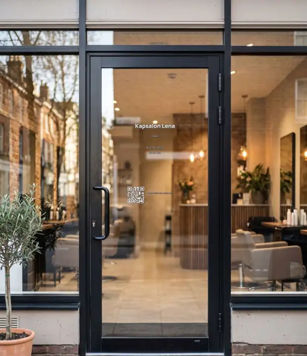 Deursticker met openingsuren op een glazen deur